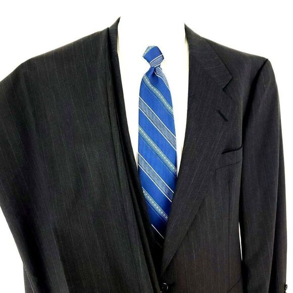 Hart Schaffner Marx Wool 2 Button 2 Piece Suit 44R Gray Striped 36/27 Pleated - Picture 1 of 11